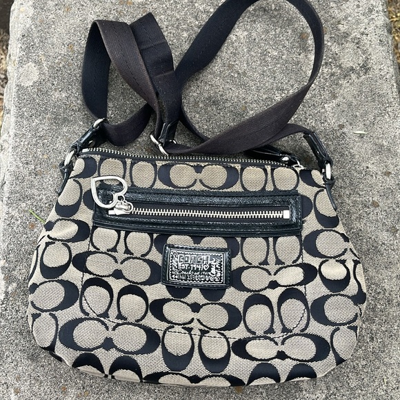 Coach Handbags - COACH Poppy Crossbody  Monogram Bag Black and Tan with Heart Zipper
